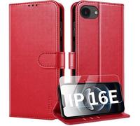 TECHTA Coque pour iPhone 17e/ 16e Coque Etui Portefeuille Cuir avec Verre Trempé Protection Écran Porte Carte Rabat Étui ,Rouge