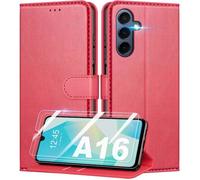 TECHTA Coque pour Samsung Galaxy A16 4G/5G + 2 Pièces Verre Trempé, Pochette de Portefeuille Etui à Rabat - Rouge