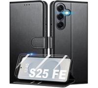 TECHTA Coque pour Samsung Galaxy S25 FE + 2 Pièces Verre Trempé, Étui de Protection Housse en PU, Pochette de Rabat - Noir