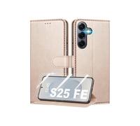 TECHTA Coque pour Samsung Galaxy S25 FE + 2 Pièces Verre Trempé, Étui de Protection Housse Premium en Cuir PU, Etui à Rabat - Rose