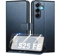 TECHTA Coque pour Samsung Galaxy S25 FE + 2 Pièces Verre Trempé, Étui de Protection Housse Premium en Cuir PU, Etui à Rabat - Bleu