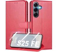 TECHTA Coque pour Samsung Galaxy S25 FE + 2 Pièces Verre Trempé, Étui de Protection Housse Premium en Cuir PU, Etui à Rabat - Rouge