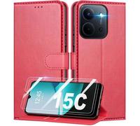 TECHTA Coque pour Xiaomi Redmi 15C + 2 Pièces Verre Trempé,Étui de Protection Housse , Pochette de Portefeuille Etui à Rabat - Rouge