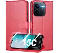 TECHTA Coque pour Xiaomi Redmi 15C + 2 Pièces Verre Trempé, Housse en Cuir PU, Pochette de Portefeuille Etui à Rabat - Rouge
