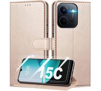 TECHTA Coque pour Xiaomi Redmi 15C Coque Etui Portefeuille Cuir avec 2 Verre Trempé Protection Écran Porte Carte Rabat ,Rose