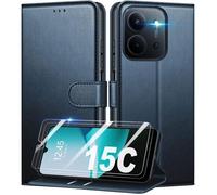 TECHTA Coque pour Xiaomi Redmi 15C Coque Etui Portefeuille Cuir avec 2 Verre Trempé Protection Écran Porte Carte Rabat ,Bleu
