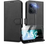 TECHTA Coque pour Xiaomi Redmi 15C Coque Etui Portefeuille Cuir avec 2 Verre Trempé Protection Écran Porte Carte Rabat ,Noir