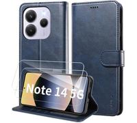 TECHTA Coque pour Xiaomi Redmi Note 14 5G avec 2 Verre Trempé Porte Carte Clapet à Rabat Portefeuille Cuir Case ,Bleu