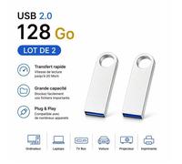 TECHTA Lot de 2 Clés USB 128 Go Métal Étanches USB 2.0 Mémoire Flash pour PC TV Voiture - Argent