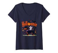 Teckel Halloween Fête effrayante Chiot T-Shirt avec Col en V, Femme, Bleu Marine, L