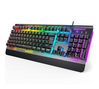 TECKNET Clavier de jeu RVB pour PC, membrane avec 105 touches, panneau entièrement métallique, repose-poignet, éclairage RVB 15 zones, 25 touches anti-ghosting, clavier d'ordinateur, disposition