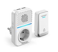 TECKNET Sonnette sans Fil, 400M Sonnette de Porte sans Fil Auto-alimentée, IP65 Étanche Carillon Electronique, Kit de Carillon avec Prises USB Externe et Lumière LED, 60 Mélodies, 5 Niveaux Volumes