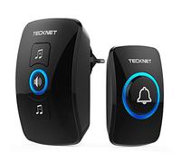TECKNET Sonnette sans Fil Étanche IP65, Portée 400 m, Kit de Sonnette de Porte sans Fil, 60 Mélodies, 5 Niveaux de Volume, Flash LED, 1 Émetteur et 1 Récepteur, Noir