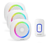 TECKNET Sonnette sans Fil Exterieur Etanche, IP66 Étanche Sonnette sans Fil avec Pile, 3 Récepteur avec Lumière RVB, 60 Mélodies et 5 Niveaux, Carillon sans Fil pour Maison, Hôtel, Urgence, Blanc