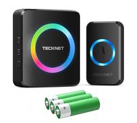 TECKNET Sonnette Sans Fil Extérieure Etanche, Portée de 300 m, Sonnette Extérieure IP66, Indicateur RVB, 60 Mélodies, 5 Niveaux de Volume, Kit Sonnette Sans Fil pour Maisons, Hôtels et Bureaux