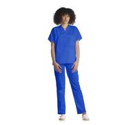 Tecno Hospital Blouson pour hôpital, pour aide soignante, esthéticienne, infirmière, médecin, sanitaire, laboratoire, avec 2 poches avant, poches latérales, col en V, unisexe Bleu bleu XS
