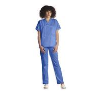 Tecno Hospital Blouson pour hôpital, pour aide soignante, esthéticienne, infirmière, médecin, sanitaire, laboratoire, avec 2 poches avant, poches latérales, col en V, unisexe - Bleu - S