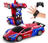 Tecnock Transformateur de voiture télécommandé, 2 en 1, détection de gestes, rotation à 360 °, pour enfants, 2,4 GHz, un bouton, robot de transformation avec LED, voiture de police, jouet cadeau pour