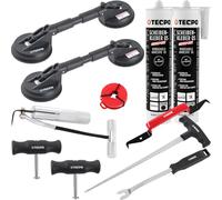 TECPO Kit de montage pour pare-brise, outil de réparation de vitre de voiture, démontage de vitre, 2x ventouses doubles, 2x colle pour vitre Quickly-Safe, 290ml de polymère MS, sans apprêt, avec