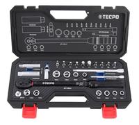 TECPO Lot de 27 clés dynamométriques 3/8" 5-50 Nm à denture fine 72 dents ±3 % avec adaptateur, douille, rallonge, embout et cardan pour vélo, moto, changement de bougie d'allumage
