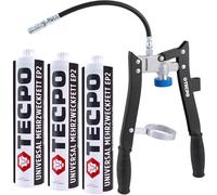 TECPO Lot de 3 cartouches de graisse universelles multi-usages 500 g avec cartouches à deux mains, pistolet à graisse avec filetage et tuyau blindé, version pistolet à cartouche