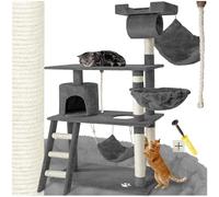 tectake® Arbre à Chat 141 cm, avec Griffoir et Plateforme d'escalade, Niche | Corde en Sisal, Couchette, Plateforme de Vue, Tunnel de Jeu, Hamac, Cabane à chat, Système Anti-bascule, 105x60x141 cm, Gris