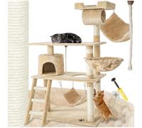 tectake® Arbre à Chat 141 cm, avec Griffoir et Plateforme d'escalade, Niche | Corde en Sisal, Couchette, Plateforme de Vue, Tunnel de Jeu, Hamac, Cabane à chat, Système Anti-bascule, 105x60x141 cm, Beige