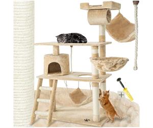 tectake® Arbre à Chat 141 cm, avec Griffoir et Plateforme d'escalade, Niche | Corde en Sisal, Couchette, Plateforme de Vue, Tunnel de Jeu, Hamac, Cabane à chat, Système Anti-bascule, 105x60x141 cm, Beige