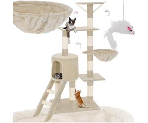Tectake® Arbre à Chat Griffoir 144cm - Maison Intérieure avec Grattoir, Rampe, Couchage, Hamac, Échelle et Lit - Jeux pour Appartement - Souris de Jeu Incluse
