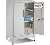 tectake® Armoire à dossiers 60 x 40 x 100 cm, Portes à Fermeture magnétique verrouillables, 2 étagères réglables, Armoire de Bureau en Acier thermolaqué, Meuble de Rangement Dossiers, Classeurs - Gris