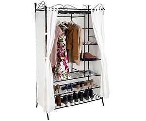 tectake Armoire de Rangement avec Rideau penderie de vêtement Cadre en métal Beige Noir (lxHxP): 112 x 207 x 57 cm