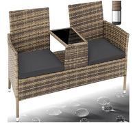 tectake® Banc d'extérieur avec Table intégrée, 133x63x84 cm, Ensemble de Salon de Jardin, Terrasse, Balcon, Résistant aux intempéries, Coussin d'assise 6 cm, Mobilier de Jardin en Rotin 2 Personnes