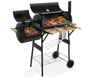 tectake® Barbecue charbon 2 en 1, fumoir, 110x60x116, 2 compartiments | 110 x 60 x 116 cm, arrivée d'air réglable, 2 roues mobiles, cheminée pivotante, grilles chromées, bacs galvanisés, noir