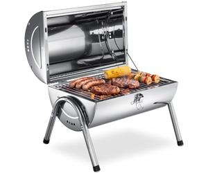 tectake® Barbecue portable avec double surface de cuisson, 42x30.5x44 cm | Acier inox, Couvercle pratique, Poignée en bois, Trous d'aération, Bacs à charbon amovibles, Pinces pour grille, Stabilité