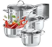 tectake® Batterie de Casseroles, 7 Pcs, Acier inoxydable, Adapté Induction | 4 Casseroles dont 1 à manche, 3 Couvercles en verre, Poignées résistantes à la chaleur, Compatibles lave-vaisselle, Tous Feux
