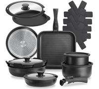 tectake® Batterie de Cuisine, 17 Pcs, Adaptée Induction, Poignées amovibles | 1 Poêle à griller, 3 Poêles à frire, 2 Casseroles, 2 Couvercles Verre & 2 Silicone, 5 Sous-plat, Adaptée Tous Feux & Four