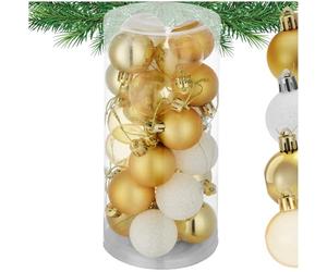 tectake® Boules de Noël Blanches et Dorées, 24 pièces, Boule de Noel Ø 4 cm avec Suspension Boule, Mate, Brillante ou pailletée, Ficelle dorée ou argentée, Décoration Noël Sapin, Déco Sapin de Noel