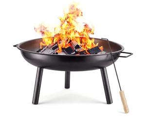 tectake® Brasero extérieur Ø 57,5 cm, Acier thermolaqué résistant de 2,5 mm | 3 pieds stables, 2 poignées de transport robustes, évacuation d'eau centrale, bord festonné, avec tisonnier, Bol à feu, noir