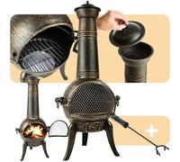 tectake® Brasero Exterieur Poêle en Fonte Chauffage au Bois Cheminée de terrasse extérieure Style Antique avec Porte grillagée & tisonnier 44 x 52 x 115 cm pour Aménagement Salon de Jardin Exterieur