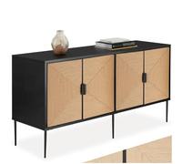 tectake® Buffet 150 x 47 x 77 cm, Buffet Salon 4 Portes Aspect Jute Naturelle, Meuble de Rangement 4 Compartiments, Meuble Salon, Salle a Manger, Vaisselier, Bahut, Placard Rangement, Noir/Marron