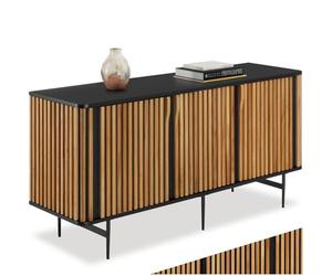 tectake® Buffet 45,5 x 156 x 74 cm, Buffet Salle a Manger Bois d’Eucalyptus laqué, 3 Portes, 6 Compartiments, Vaisselier, Meuble de Rangement, Bahut, Meuble Salon, Commode Salon, Design en lamelles