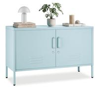 Tectake® Buffet métallique 2 Portes verrouillable, 100 x 42,5 x 65 cm | Fermeture magnétique, Tablette intermédiaire réglable, Pieds ajustables, Acier laqué époxy, 2 Fentes d'Aération, gris/bleu