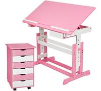 TecTake® Bureau Enfant Fille 109 cm x 55 cm, avec Caisson de Rangement à roulettes 6 Tiroirs, Bureau avec Rangement, Plateau de Travail inclinable, Pieds réglables 7 Positions, Meuble Enfant, Rose