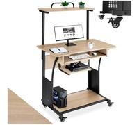 TecTake® Bureau sur roulettes avec étagères et tiroir à Clavier, 80 x 65,5 x 130,5 cm, Table de Bureau, Bureaux Ordinateur Meuble pc Table de Travail Meuble Ordinateur Desk Teletravail, Bois Clair