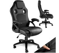 tectake® Chaise de Gaming à roulettes, Forme Ergonomique, Pivotante à 360° | Hauteur réglable en continu, Revêtement Simili Cuir, Tissu Mesh, Rembourrage épais, Fonction bascule, Max. 120kg, Noir