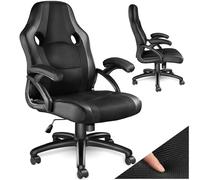 tectake® Chaise de Gaming à roulettes, Forme Ergonomique, Pivotante à 360° | Hauteur réglable en continu, Revêtement Simili Cuir, Tissu Mesh, Rembourrage épais, Fonction bascule, Max. 100kg, Noir