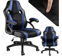 tectake® Chaise de Gaming à roulettes, Forme Ergonomique, Pivotante à 360° | Hauteur réglable en continu, Revêtement Simili Cuir, Tissu Mesh, Rembourrage épais, Fonction bascule, Max. 100kg, Noir/Bleu