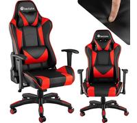 TecTake Chaise de gaming ergonomique avec accoudoirs réglables, chaise d'étude moderne, chaise avec appuie-tête et coussin lombaire amovibles, mécanisme basculant, rotation à 360° - Noir/rouge