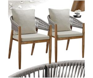 tectake® Chaise de Jardin Lot de 2, Acacia, Corde tressée, 59x58x76,5cm | Résistant aux intempéries, Coussins épais, housses polyester déperlantes amovibles lavables, pieds en Acacia massif, grège
