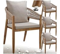 tectake® Chaise de jardin Lot de 4, acacia, Corde tressée, 59x58x76,5cm | Résistant aux intempéries, Coussins épais, housses polyester déperlantes amovibles lavables, pieds en Acacia massif, sable